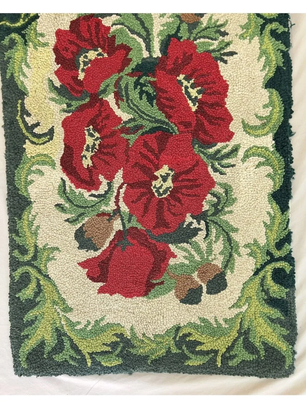 Vintage Handmade Punch Needle Poppy Rug Primitive Country Textile Wall Hanging